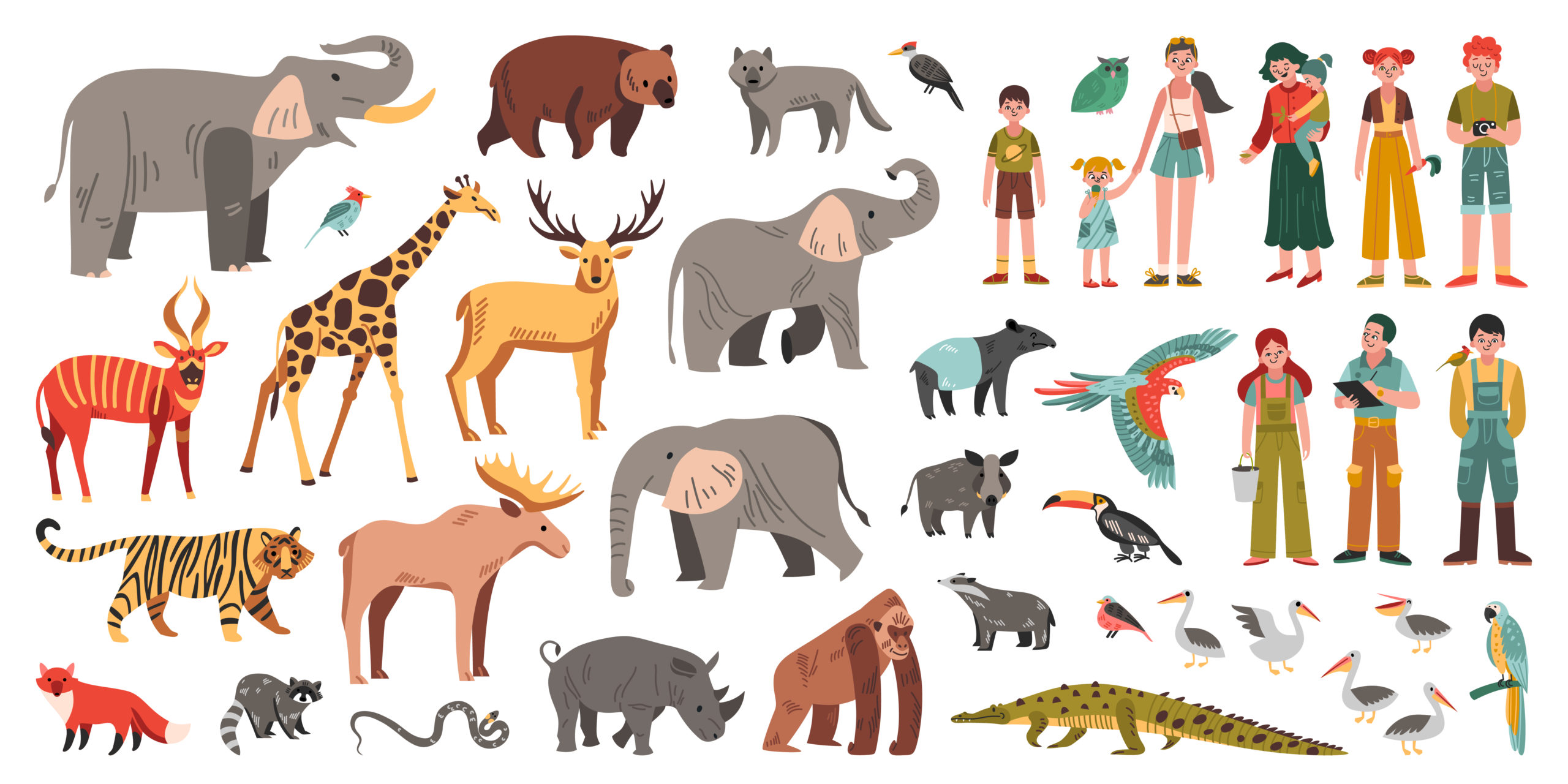 Zoo Flat Set Zoo flat set with different animals birds happy visitors and zookeepers isolated on white background vector illustration